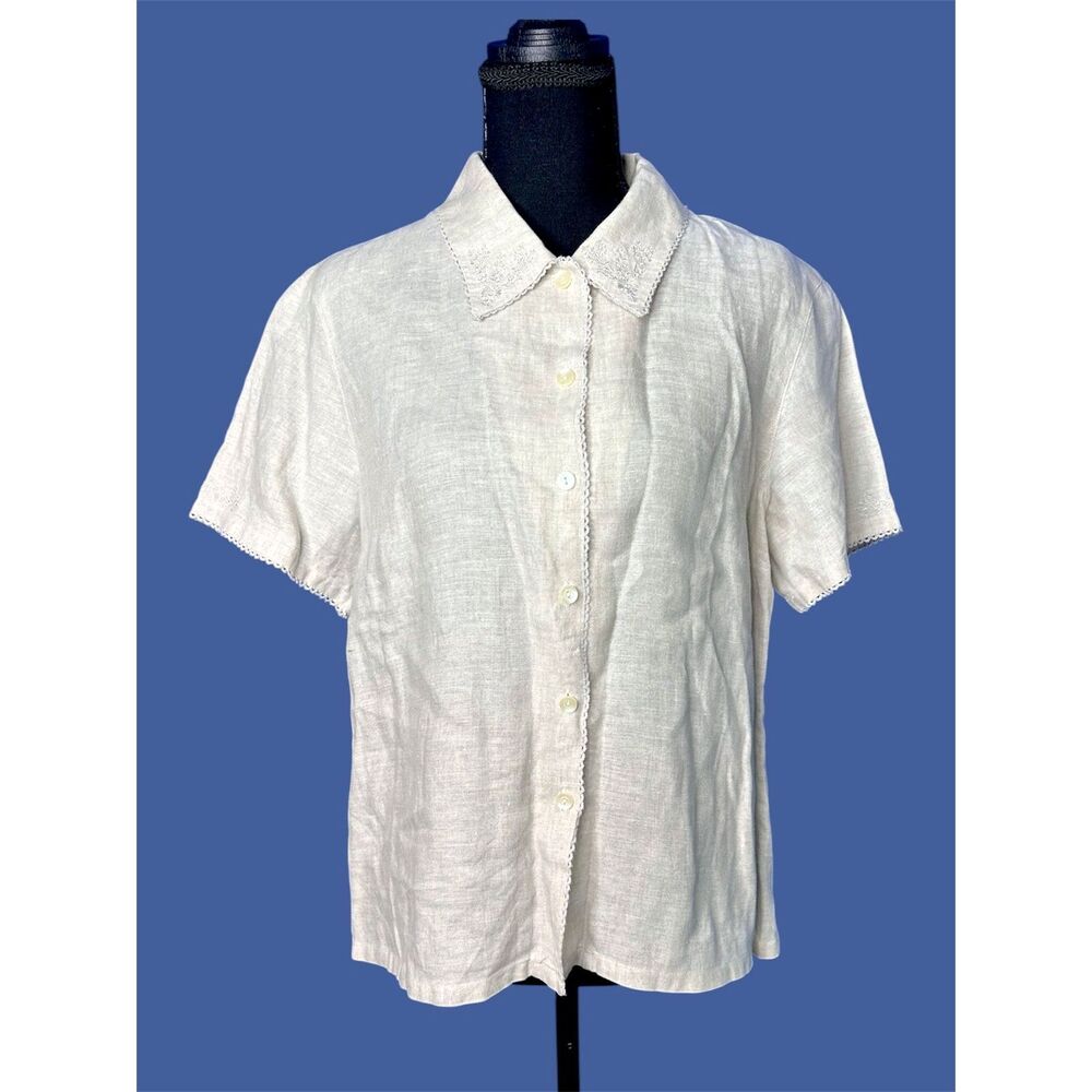 Talbots Womens Irish Linen Neutral Shirt Sz 14P Capsule Classic Cottage Dainty